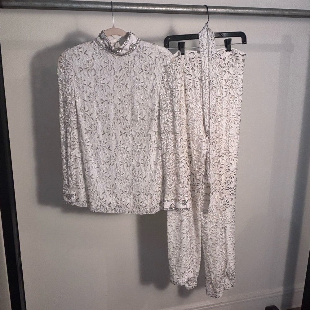 White Lace Pantsuit with Floral Texture